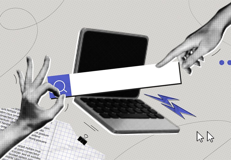 Ilustração representando a conexão entre SEO e inteligência artificial, com foco em dados e otimização de buscas.
