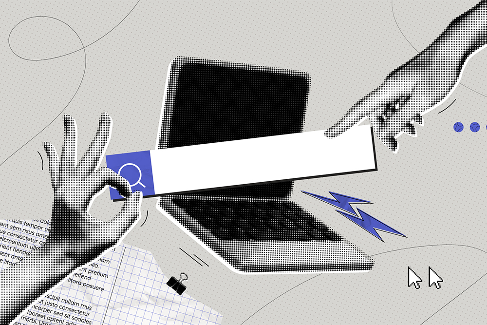 Ilustração representando a conexão entre SEO e inteligência artificial, com foco em dados e otimização de buscas.