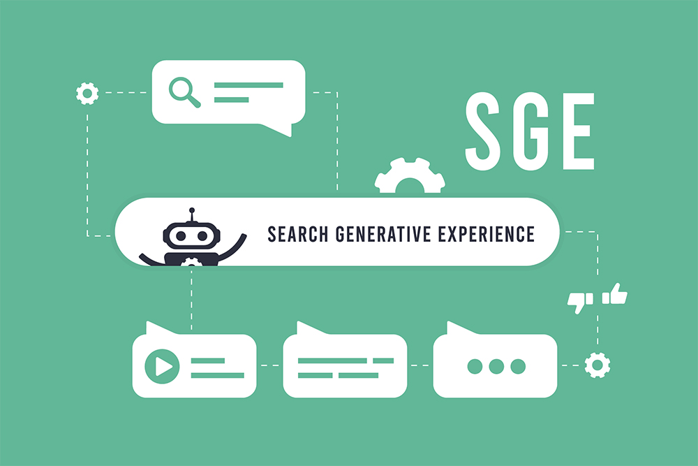 Representação visual da Search Generative Experience do Google, com resultados gerados por inteligência artificial.