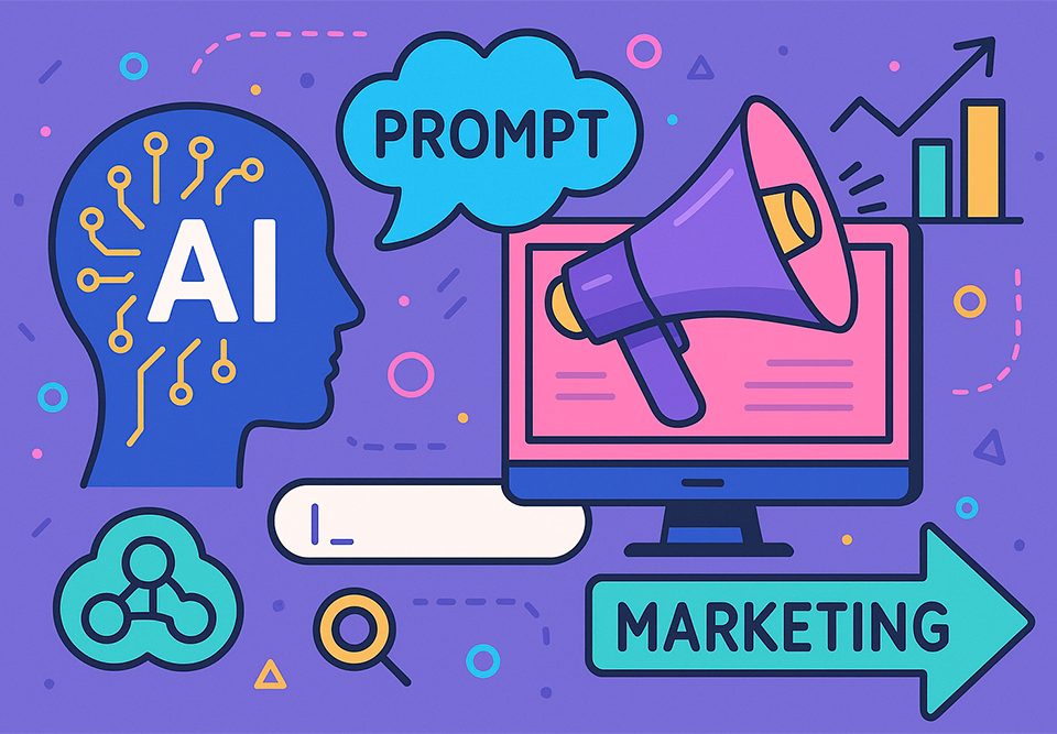 Composição conceitual que representa a relação entre Prompt Engineering e Marketing, com elementos gráficos de inteligência artificial e estratégia digital