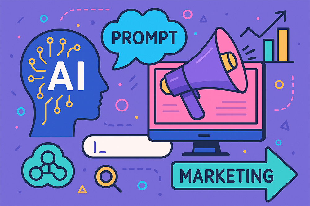 Composição conceitual que representa a relação entre Prompt Engineering e Marketing, com elementos gráficos de inteligência artificial e estratégia digital