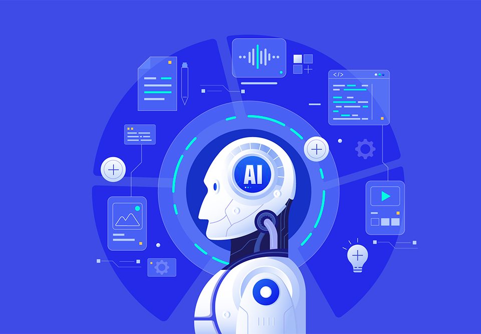 lustração conceitual de Inteligência Artificial Generativa criando diferentes formatos de conteúdo, como textos, imagens e vídeos, representando sua aplicação no marketing