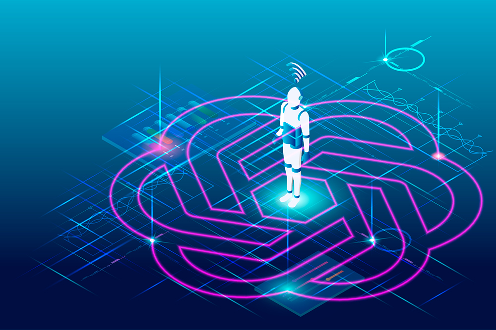 Representação visual da IA Generativa no marketing, com elementos digitais e gráficos que simbolizam a criação automatizada de imagens, vídeos e experiências interativas