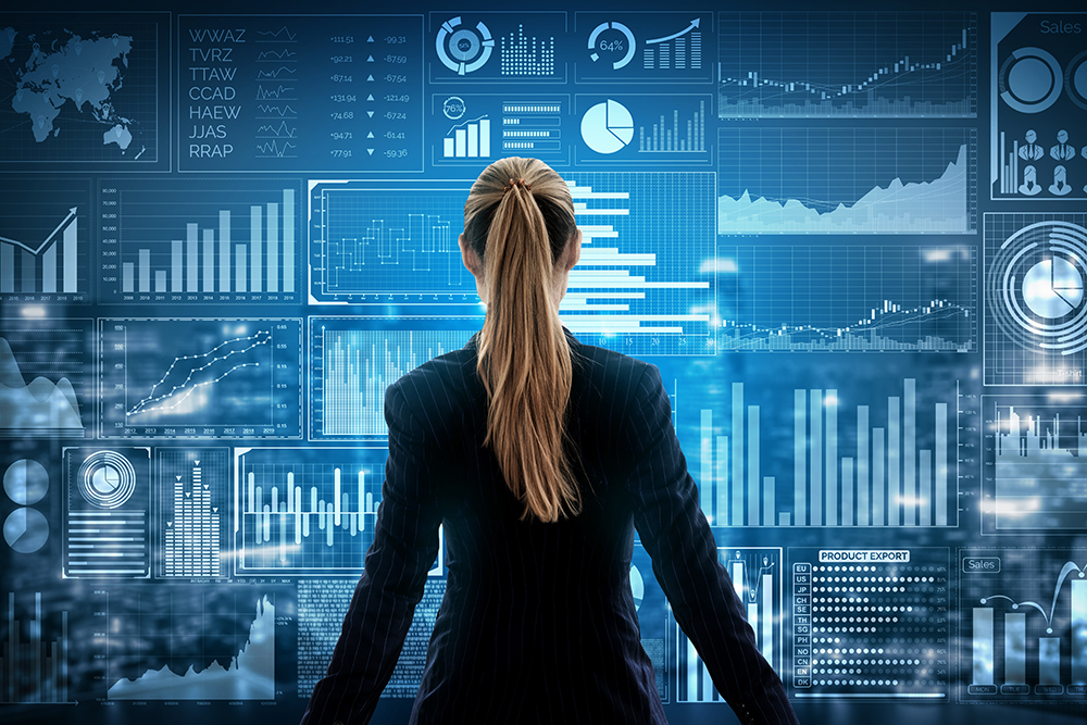 Conceito de Inteligência Artificial aplicada à gestão de negócios, com gráficos e dados interligados representando decisões estratégicas