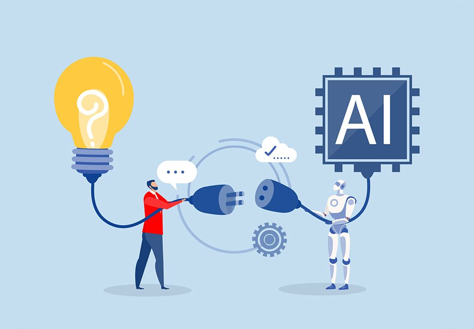 Conceito visual mostrando a diferença entre pensamento estratégico humano e geração de conteúdo via inteligência artificial com prompts