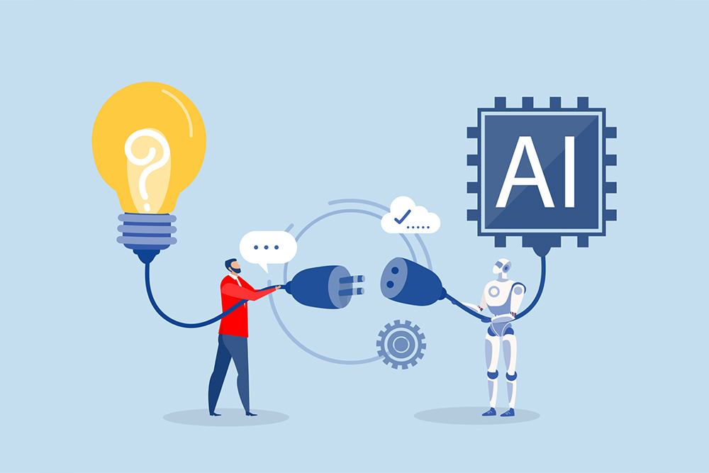 Conceito visual mostrando a diferença entre pensamento estratégico humano e geração de conteúdo via inteligência artificial com prompts