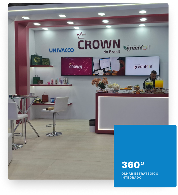Estande da Crown do Brasil na ExpoPrint, com painéis e balcão de atendimento