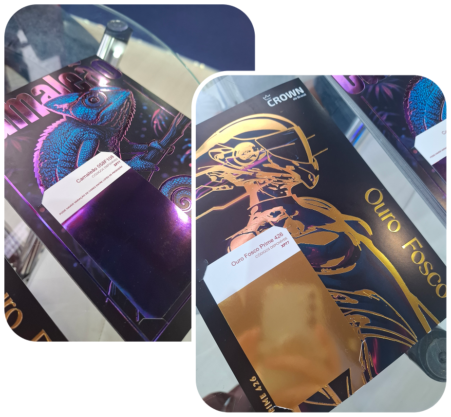 Amostras impressas com efeitos metalizados produzidas pela Crown do Brasil