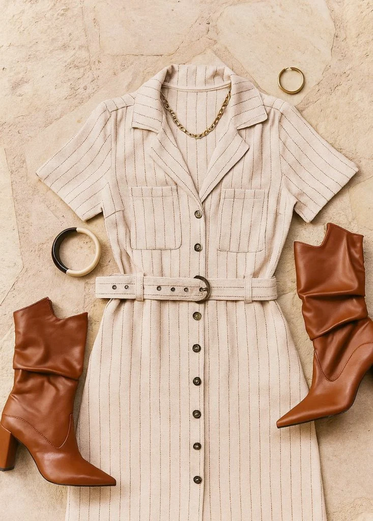 Vestido bege com cinto e par de botas marrons dispostos sobre fundo neutro