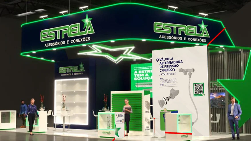 Estande da Estrela Acessórios na FEICON 2026, com painel verde iluminado