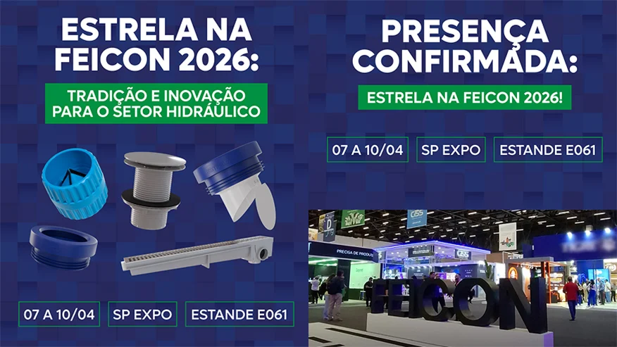 Peças de divulgação da presença da Estrela Acessórios na FEICON 2026