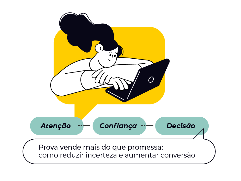 Ilustração de pessoa com notebook e a sequência atenção, confiança e decisão