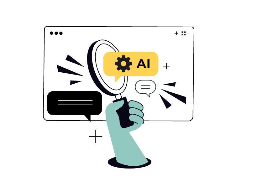 Ilustração de mão segurando um megafone com um selo de inteligência artificial