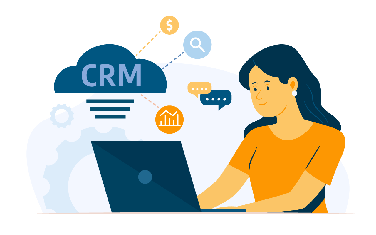 Ilustração de pessoa em notebook, com uma nuvem escrita CRM